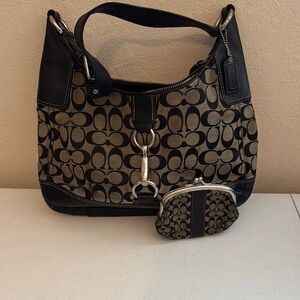 Coach Black and Tan Signature Hobo Bag